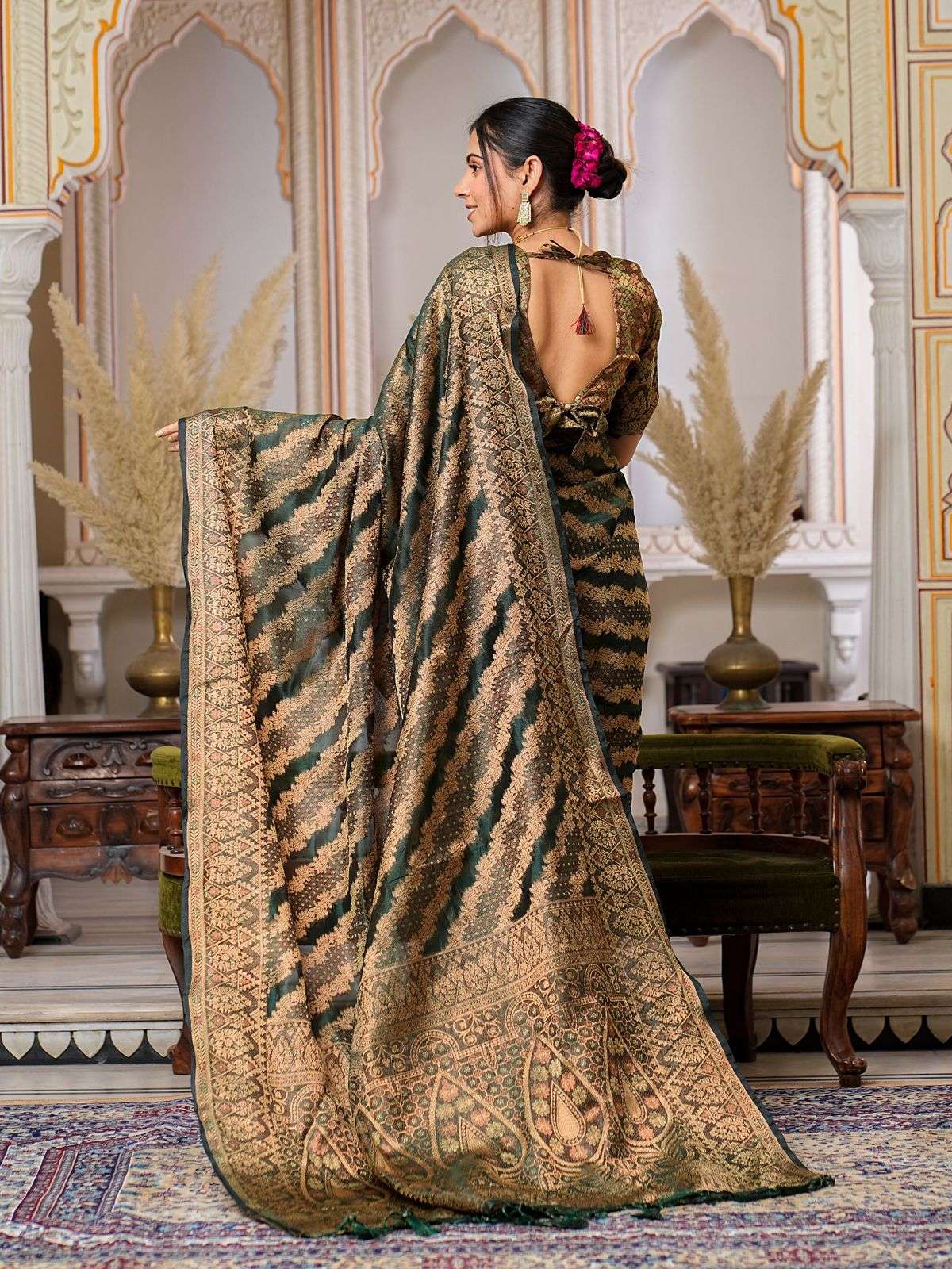 Dark Green Color Pure Organza Saree 
